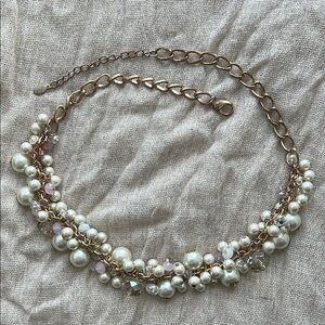 Gold and White Beaded Necklace with Floral Cluster